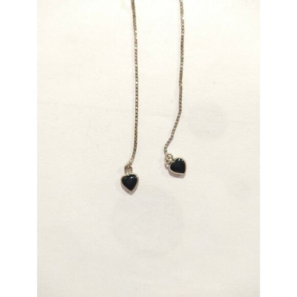 925 Sterling Silver Threader Earrings Black Onyx Dainty Hearts - Picture 5 of 8